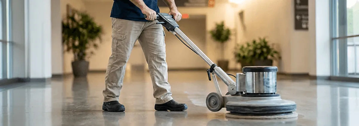 Professional technician using an industrial floor buffer to polish and maintain shiny commercial flooring in a corporate hallway in Phoenix, AZ.