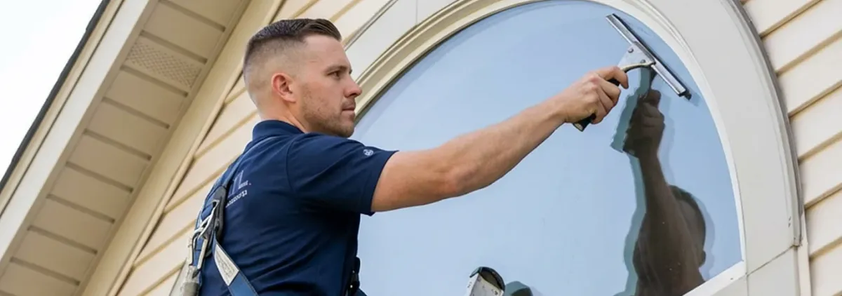 Professional window cleaner using a squeegee to clean an exterior arched window on a home, Phoenix, AZ.